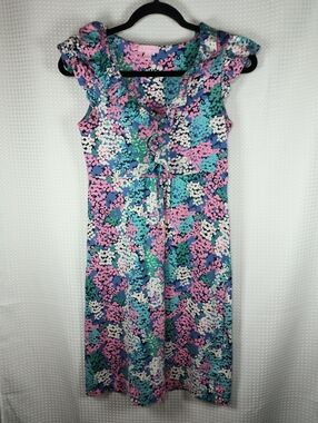 Lilly Pulitzer Pink Teal Blue Ditzy Floral Ruffle Midi Dress Cap Sleeves Size XS